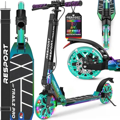 Immagine prodotto di Oggetto: Cityroller RE:SPORT® per bambini e adulti, con luci LED, campanello e tracolla | Monopattino a spinta con freno a mano e sospensioni doppie | Scooter regolabile in altezza e pieghevole