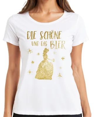 Produktbild von Die Schöne und das Bier Prinzessin Gold Glitzer JGA Märchen Lustig Damen T-Shirt, Weiß, S