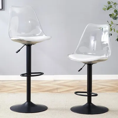 Obrázek produktu pro MODFU 2er-Set Barová židle s průhledným opěradlem, otočná židle s nastavitelnou výškou a 360° otáčením, jídelní židle s černými kovovými nohami pro kuchyň