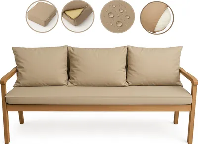 A beige sofa with cushions on a white background, with four circular insets showing details of the cushions.