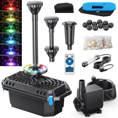 Image de Filtre pour bassin avec système de purification UV et éclairage RGB, 40 W, 2500 l/h, pompe pour bassin, pompe avec 3 fontaines, pompe de filtration pour bassin silencieuse, adaptée pour un volume maximal de 3000 litres