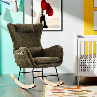Produktbild von MODFU Schaukelstuhl Relaxsessel Polsterstuhl mit Kopfstütze, Lendenkisse und Seitentaschen,für Wohnzimmer，Schlafzimmer,Kinderzimmer，Grün