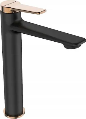 A black and rose gold bathroom faucet.