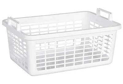 A white plastic laundry basket with handles and a grid pattern on its sides.