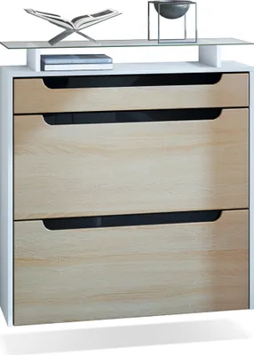Produktbild von Vladon Schuhschrank Annie, Schuhkipper für 16 Paar Schuhe mit 2 Klappen, 1 Schublade und Glasablage, Weiß matt/Eiche Sägegrau/Schwarz Hochglanz (89 x 96 x 23 cm)