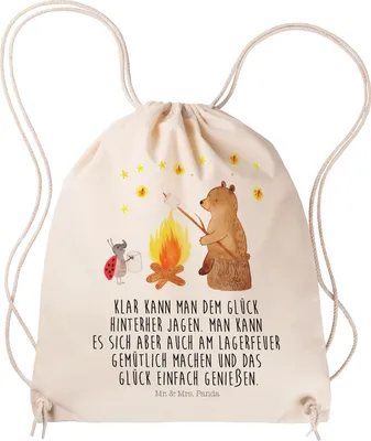 Produktbild von Mr. & Mrs. Panda Stoffbeutel Bär & Marienkäfer Lagerfeuer - Transparent - Geschenk, Jutebeutel, Sportbeutel, Turnbeutel, Teddy, Kleiner Rucksack, wander