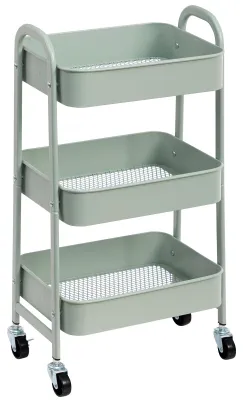 Image de Chariot de service en métal à roulettes, 3 étages, chariot de cuisine, chariot de bricolage, chariot de rangement pour le salon, la chambre, la salle de bains, le bureau, vert clair