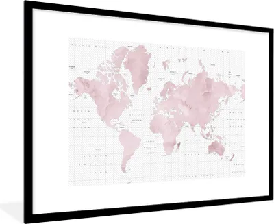 Produktbild von MuchoWow® MuchoWow® Gerahmtes Poster Weltkarte - Rosa - Marmor 90x60 cm - Poster mit zchwarzem Bilderrahmen - Wanddekoration - Fotos