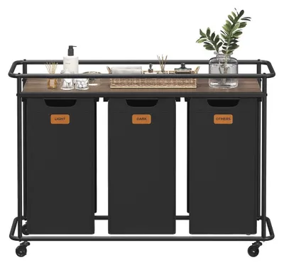 Produktbild von Wäschesortierer mit 3 Fächern, Rädern und Ablage 150 L | Schwarzbraun | 33x104x79,5 cm