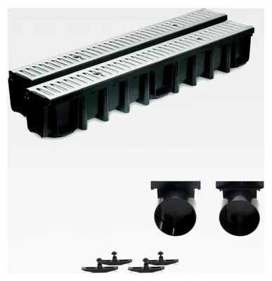 Produktbild von 2m Entwässerungsrinne Terrassenrinne mit verzinktem Stahlrost, komplett SET, System A15 148mm, inklusive Zubehör