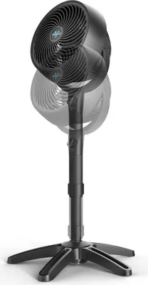 A black Vornado stand fan is shown against a white background.