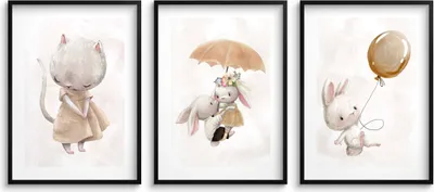 Produktbild von 3er-Set Poster fürs Kinderzimmer, beige Hasen, Kinderbilder, 30x40