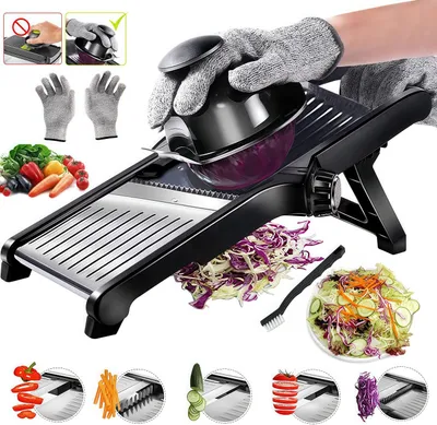 Produktbild von Gemüsehobel, Mandoline Gemüseschneider mit Schnittfesten Handschuhen, Wellenschnitt, Waffelschneider, Julienne-Schneider