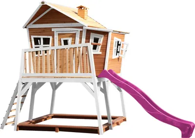 Produktbild von AXI Spielhaus Max mit Sandkasten & lila Rutsche | Stelzenhaus in Braun & Weiß aus  Holz für Kinder | Spielturm mit Wellenrutsche für den Garten