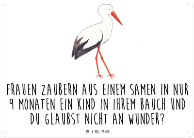 Produktbild von Mr. & Mrs. Panda Wandbild Storch DIN A3 - Weiß - Geschenk, Lustige Sprüche, Schild, tafel, Mütter, Störche, Baby, Schwangerschaft, Mutter, Blechschild, Türschild
