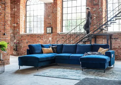 Produktbild von MIUFORM Lofty Lilly - Ecksofa mit Bettfunktion und Bettkasten U-FORM LINKS - 303 x 197 cm - Velours Marineblau - Sofa Schlafsofa Couch