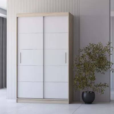 A modern sliding door wardrobe with white doors and a light wood frame, placed in a minimalist room setting with a potted plant.