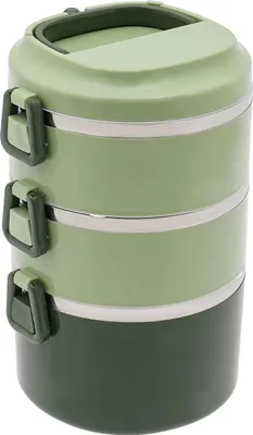 Produktbild von Lunchbox - 3-stöckige Bento Box aus Edelstahl 304 + PP - 2,4 L - Auslaufsicher - Stapelbar - 14,5×24,5 cm - Grün