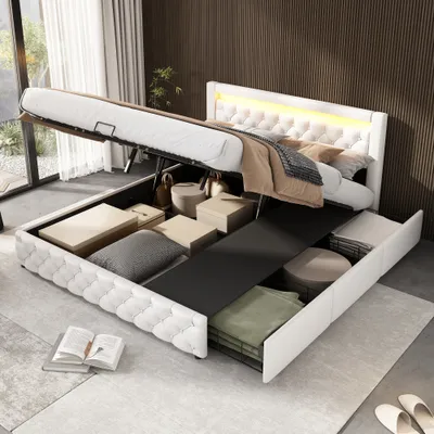 Produktbild von AIORBER Polsterbett, Doppelbett, 160x200 cm, mit Lattenrost&Stauraum, Kunstleder, hohes Kopfteil mit LED-Beleuchtung, Bettkasten & 2 Schubladen, Weiß