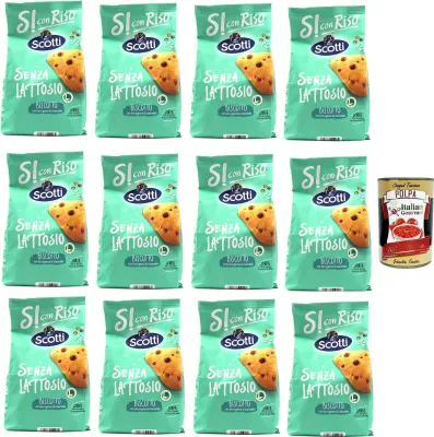 Produktbild von Si con Riso - Biscotto con riso e gocce di cioccolato - Kekse mit Reis und Schokoladenchips, Laktose -freie und palmenfreie Kekse, Lactose -free biscuits 12x 350 g + Italian Gourmet polpa 400g