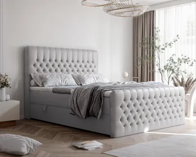 Obrázek produktu pro Kontinentální postel s matrací a přistýlkou, postel s pružinovým roštem ALBA PLUS 180x200 cm, kompletní sada, dvojlůžko s úložným prostorem, čalouněná postel šedá Madryt 990