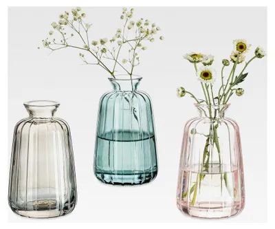 Produktbild von Kleine Vasen für Hochzeits-Tischdekoration im Vintage-Stil, 3-teiliges Set aus modernen Glasvasen für Blumen, schlanke hydroponische Vasen in Grün, Grau und Rosa