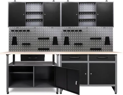 Produktbild von Ondis24 Metall Werkstatt Set 240 cm "Schöpfer" 2x Werkbank + Schränke Arbeitshöhe 85 cm abschließbar höhenverstellbare Füße Arbeitsplatte Holz Werkstatteinrichtung Packtisch Werktisch Werkstatttisch Montagewerkbank Hängeschrank Werkzeugschrank Werkstattschrank Werkzeugwand Werkstattwand Werkzeughalter Lochblech Lochwand