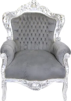 Produktbild von Barocksessel Barock Sessel Barockstuhl Armlehne Grau Silber Stoff Esszimmer Wohnzimmer Büro Flur Schminkstuhl Klassisch Barock Stuhl Premium Luxus