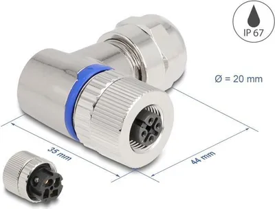 Produktbild von DeLOCK M12 Steckverbinder A-kodiert 4 Pin Buchse zur Montage mit Schraubanschluss 90° gewinkelt Metall, Querverbindungsstück, 1 Stück(e), Metall, Schwarz, Silber, IP67, -25 - 85 °C