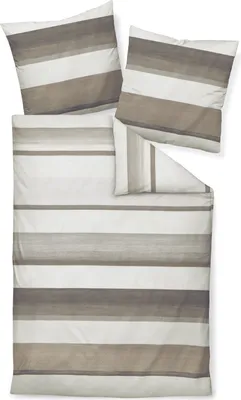 A set of bedding with a striped pattern, including a duvet cover and two pillowcases, laid out flat on a white background.