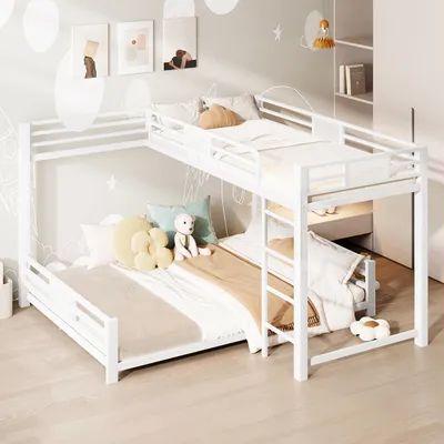 Image de OKWISH Lit Superposé 90x200 cm/140x200 cm - Lit en L pour 2 Enfants avec Échelle et Rangement, Sans Matelas, en Métal, Blanc