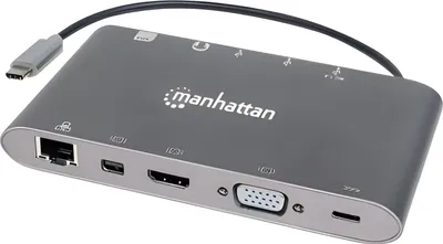 Produktbild von Manhattan SuperSpeed USB-C 7-in-1-Dockingstation, USB 3.1 Typ C-Stecker auf HDMI, Mini DisplayPort oder VGA, drei USB 3.0 Typ A-Ports, USB-C-PD-Port, Gigabit-RJ45-Port, SD-Kartenleser und 3,5 mm-Audioanschluss; Aluminium, grau, Kabelgebunden, USB 3.2 Gen 1 (3.1 Gen 1) Type-C, Silber, MicroSD (TransFlash), MicroSDHC, SD, SDHC, Aluminium, HDCP 1.4 CE FCC RoHS2 WEEE