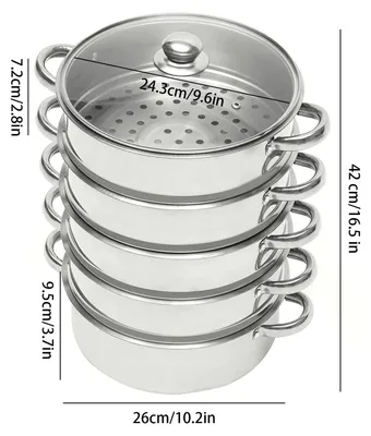 Produktbild von Dampftopf 5 Ebenen - Dampfgarer / Doppelkessel - 32 cm Edelstahl - Glasdeckel 24 cm - 3-lagiger Sandwichboden - Für alle Herdarten - Silber