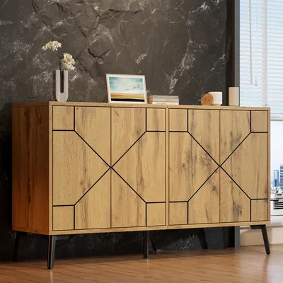 Produktbild von Merax Sideboard mit Wellenmuster Design, Kommode mit 4 Türen Push-to-Open, Aufbewahrungsschrank aus MDF, Holzoptik, Wohnzimmer & Esszimmer, Natur