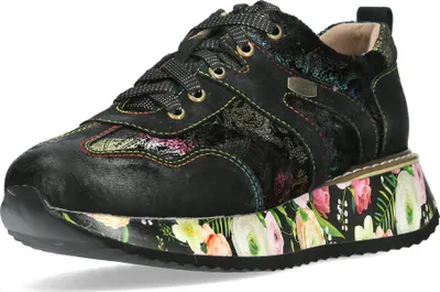 Produktbild von Laura Vita Damen Sneaker Leder mit Blumenmuster Plateausohle Delphine 16, Größe:38 EU, Farbe:Schwarz