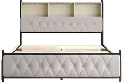 Produktbild von CDGlobal Polsterbett 180x200cm mit USB, Jugendbett Doppelbett mit 4 Schubladen, Stauraumbett Massivholzbett mit LED/Typ C und Lattenrost, Leinen