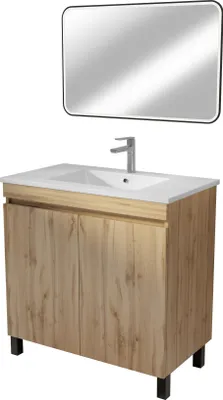 Image de Meuble Salle de Bains 70 cmReproduction Chêne Naturel à Portes - Vasque céramique blanche et miroir 70x50