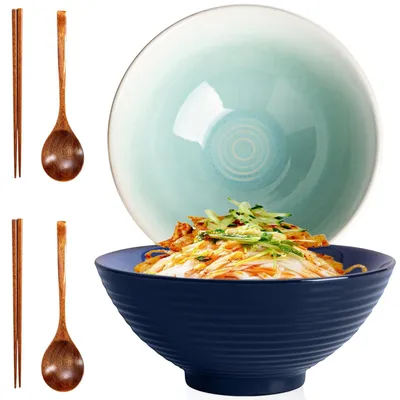 2er-Set Keramik-Ramenschalen 1200 ml mit Stäbchen & Löffeln