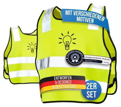 Produktbild von LAUTER SCHUTZ ® Warnweste Kinder (3-12 Jahre) Sicherheitsweste [2 Stück] für bessere Sichtbarkeit bei Tag und Nacht für Sport, Laufen, Fahrrad, Weg zur Schule & Auto (Reflektorweste - Glühbirne)