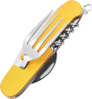 Produktbild von 6-in-1 Camping Besteck klappbar in Gelb , Reisebesteck aus rostfreiem Edelstahl, Outdoor Essbesteck Survival Klappbesteck Bundeswehr Feldbesteck
