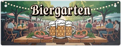 Produktbild von Biergarten Szene Metallschild Brezeln und Bierkrug