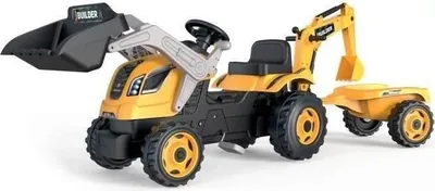 Produktbild von Tret Traktor + Anhänger + Bagger + Schaufel, Smoby Builder Max, 182 cm Länge, Gelb