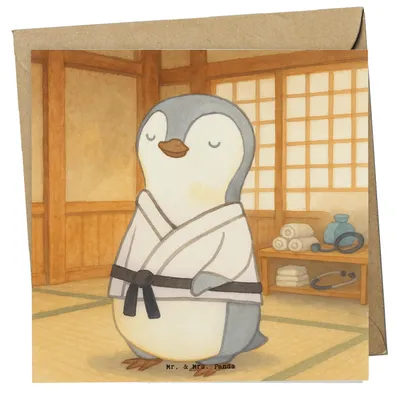 Produktbild von Mr. & Mrs. Panda Grußkarte Pinguin Karate Design - Weiß - Geschenk, Kampfsportart, anlasskarte, faltkarte, Verein, Selbstverteidigung, Glückwunschkarte, Kampfkunst