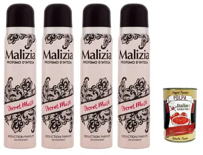 Produktbild von MALIZIA Deodorante Donna Secret Musk Seduction Parfum,Deodorant Deo Spray für Damen 4x 100ml + Italian Gourmet polpa 400g