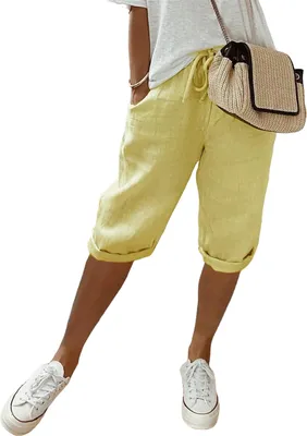 Produktbild von ASKSA Damen Sommer Leinenhose Luftig Hohe Taille Caprihose Locker Elastisch Strandhose Kurzehose, Gelb, Groesse: M
