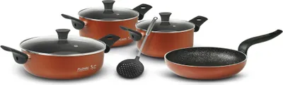 Produktbild von FLONAL Pepita Granit Kochtopfset | 8-teiliges Kochset aus Aluminium bestehend aus Pfannen und Töpfen inkl. Deckel | Mit Schaumkelle | Antihaft, Kochen, Set, Pfanne, Topf, Topfset, Pfannenset