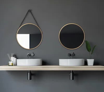 Productafbeelding van Talos Golden Style Wandspiegel, diameter 50 cm – Goudkleurige badkamerspiegel van rundleer met lederlook