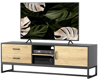 Produktbild von TV-St?nder fš¹r Fernseher bis zu 60 Zoll, TV-Schrank mit offenen F?chern, 2 Schubladen, Naturholz