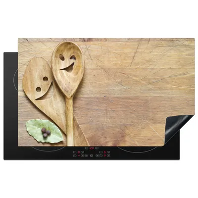 Produktbild von KitchenYeah© Herdabdeckplatte Holz - Löffel - Braun - Smiley , 83x51cm, Küche Deko, Glaskeramikkochfeld Herdabdeckung, Abdeckplatte fùr Kochfeld