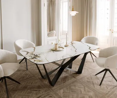 Produktbild von DELIFE Esstisch Edge Boot 200x100 Keramik Calacatta Luxe Weiß-Gold-Grau Spider Flachstahl Schwarz